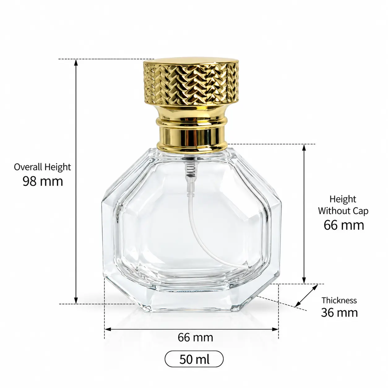 Dimension diagram of the 50ml octagonal perfume bottle showing its 66 × 36 × 98 mm assembled dimensions and 66 mm bottle height without the gold cap.