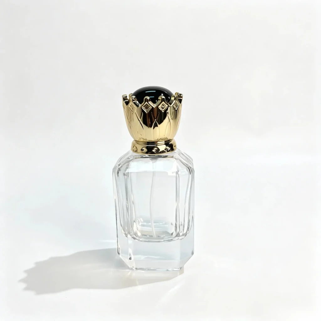 Front view of the 50ml perfume bottle with its decorative crown-shaped cap and assembled fragrance packaging design.