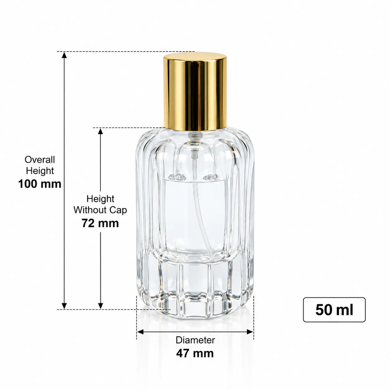 Schéma dimensionnel du flacon de parfum à côtes pétales 50ml indiquant son diamètre de 47 mm, sa hauteur totale avec capuchon de 100 mm et sa hauteur de flacon sans capuchon de 72 mm