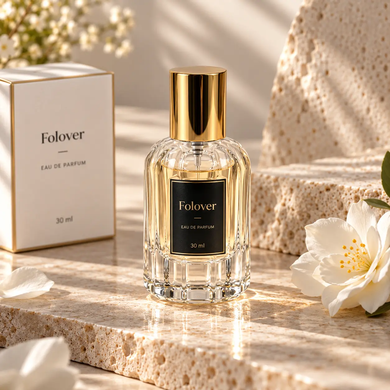 Flacon de parfum à côtes pétales 50ml avec son capuchon assemblé, présenté dans un décor de packaging de parfum