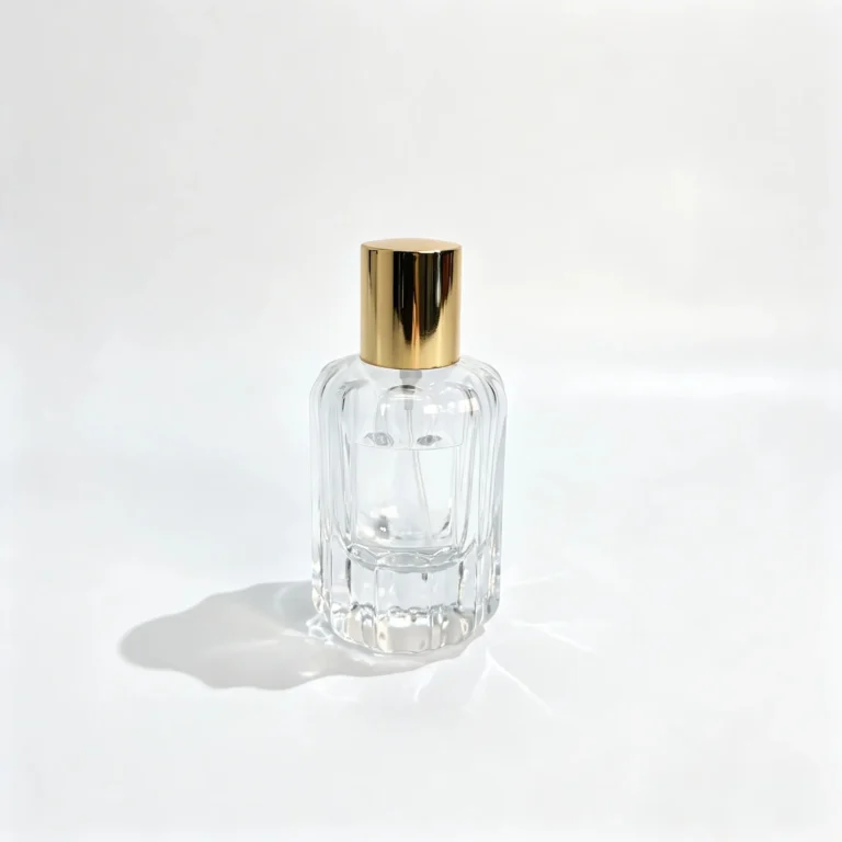 Front view of the 50ml petal fluted perfume bottle showing its vertically ribbed body with the sprayer and cap assembled.