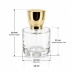 Схема размеров короткого круглого флакона для духов 50ml: диаметр 53 mm, общая высота с колпачком 88 mm, высота флакона без колпачка 53 mm и вместимость 50ml.