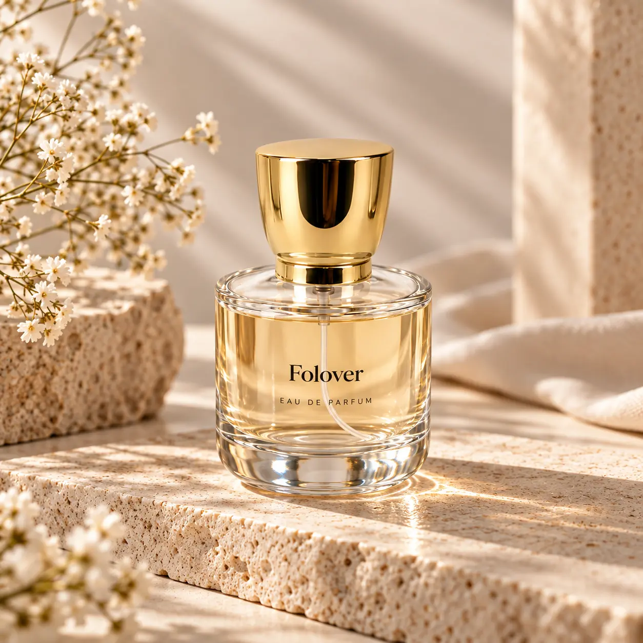 50ml Короткий круглый флакон для духов — сцена презентации аромата Компактный флакон для духов 50ml с гладким круглым корпусом и декоративным колпачком, представленный в сцене презентации аромата.