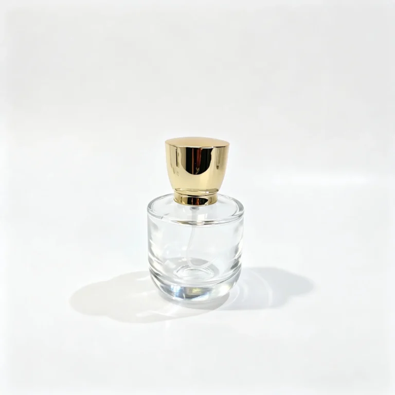Front view of the 50ml short round perfume bottle showing its smooth cylindrical body with an assembled sprayer and cap.