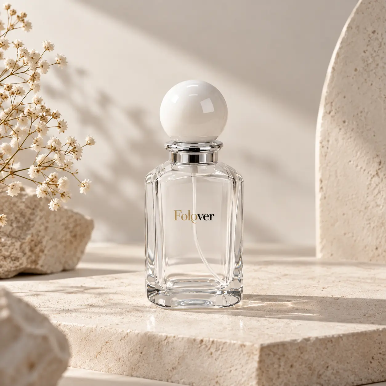 Chai nước hoa vuông 50ml với nắp hình cầu màu trắng được trưng bày trong bối cảnh trưng bày nước hoa để tham khảo thiết kế bao bì bán lẻ.