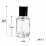 Dimension diagram of the 50ml cylindrical perfume bottle showing its 48 mm diameter, 99 mm assembled height, and 70 mm bottle height without the cap.