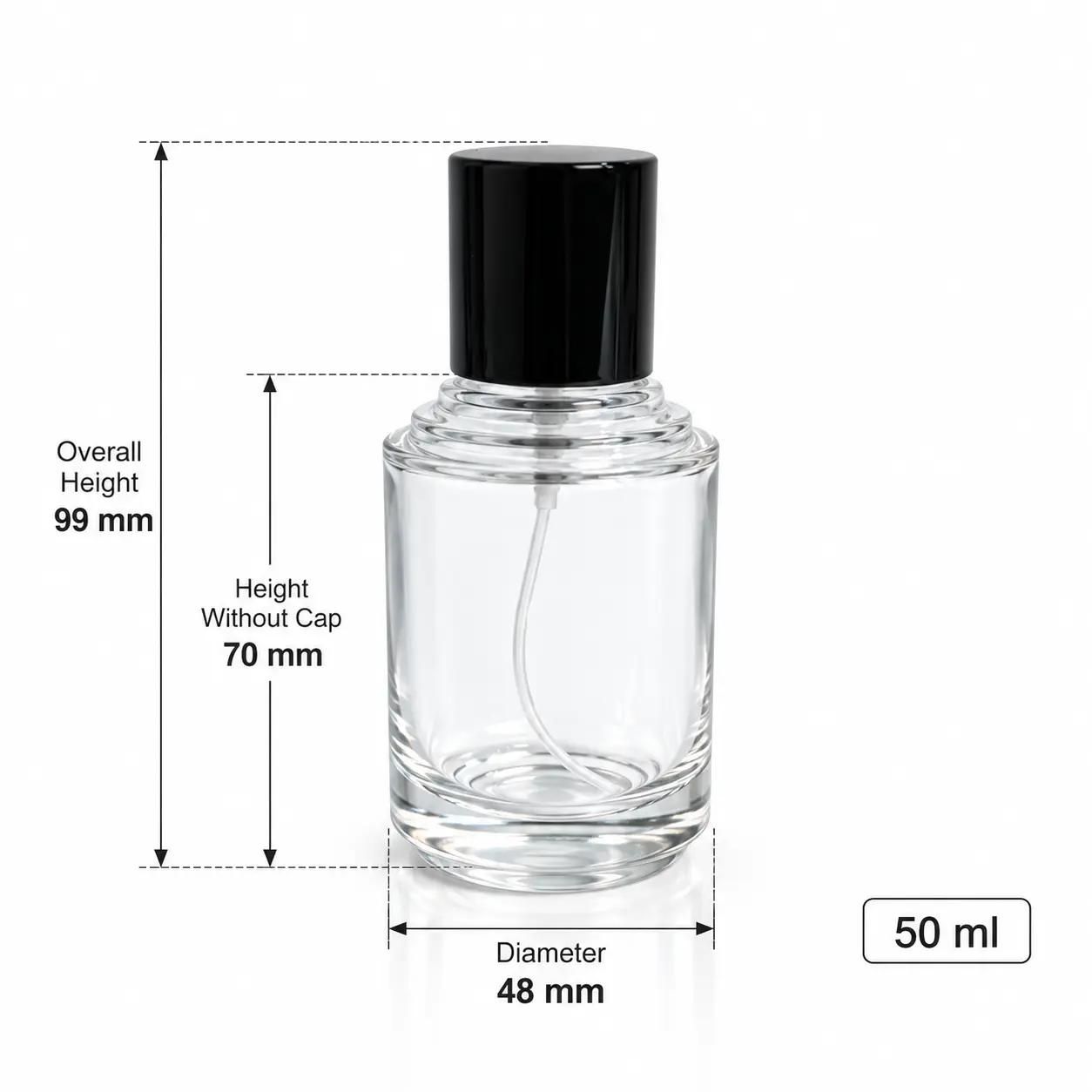 50ml Kademeli Boyunlu Parfüm Şişesi - Ölçüler ve Kapasite 50ml kademeli boyunlu parfüm şişesinin ölçü şeması; 48 mm çapı, 99 mm montajlı yüksekliği ve kapak olmadan 70 mm şişe yüksekliğini göstermektedir.