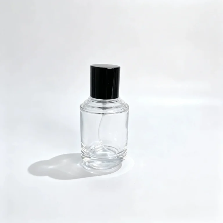Front view of the 50ml stepped-neck cylindrical perfume bottle with its fragrance sprayer and decorative cap assembled.