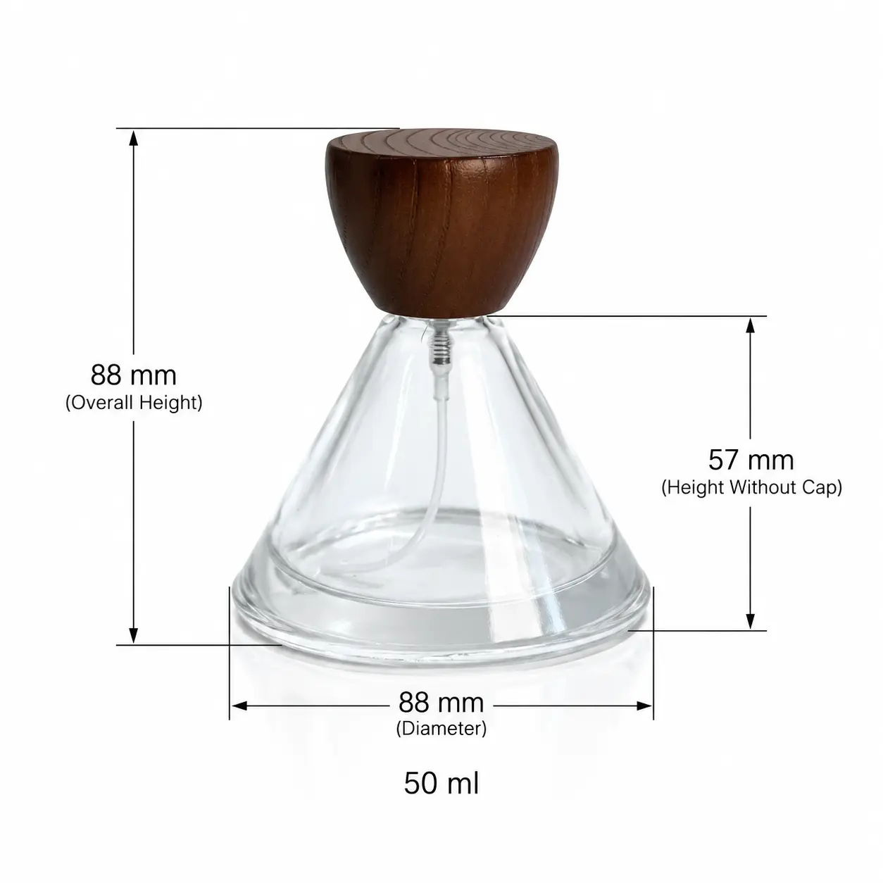 Dimension diagram of the 50ml wide round perfume bottle showing the 88 mm diameter, 88 mm overall height with cap, 57 mm bottle height without cap, and 50ml capacity.