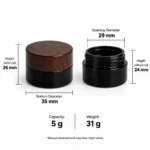 5g amber glass cream jar dimension diagram showing a 29 mm opening diameter, 35 mm bottom diameter, 40 mm overall height with cap, and 37 mm jar height without cap.