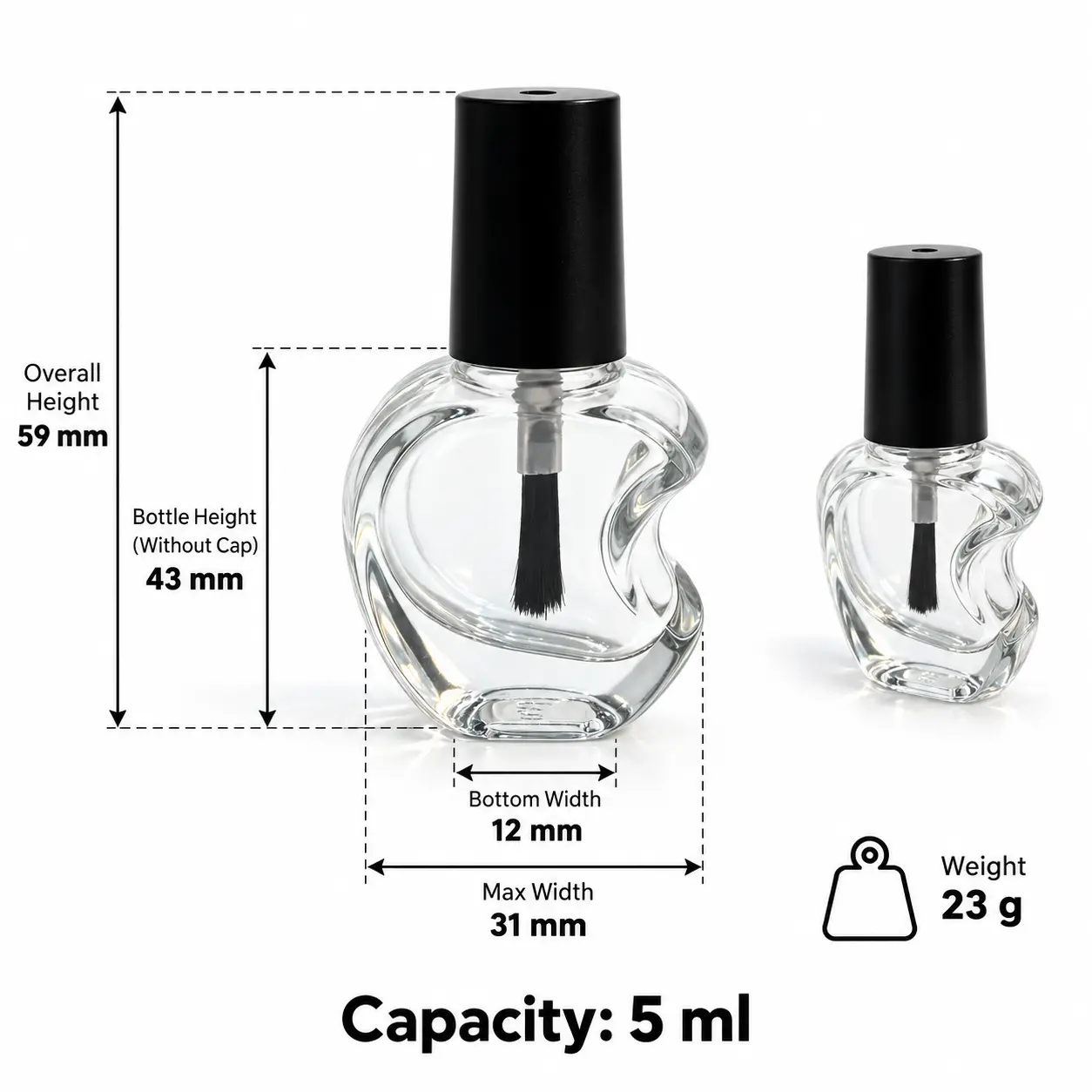 5ml زجاجة طلاء أظافر بشكل تفاحة مقضومة – الأبعاد والسعة 5ml أبعاد وسعة زجاجة طلاء الأظافر الزجاجية بشكل تفاحة مقضومة