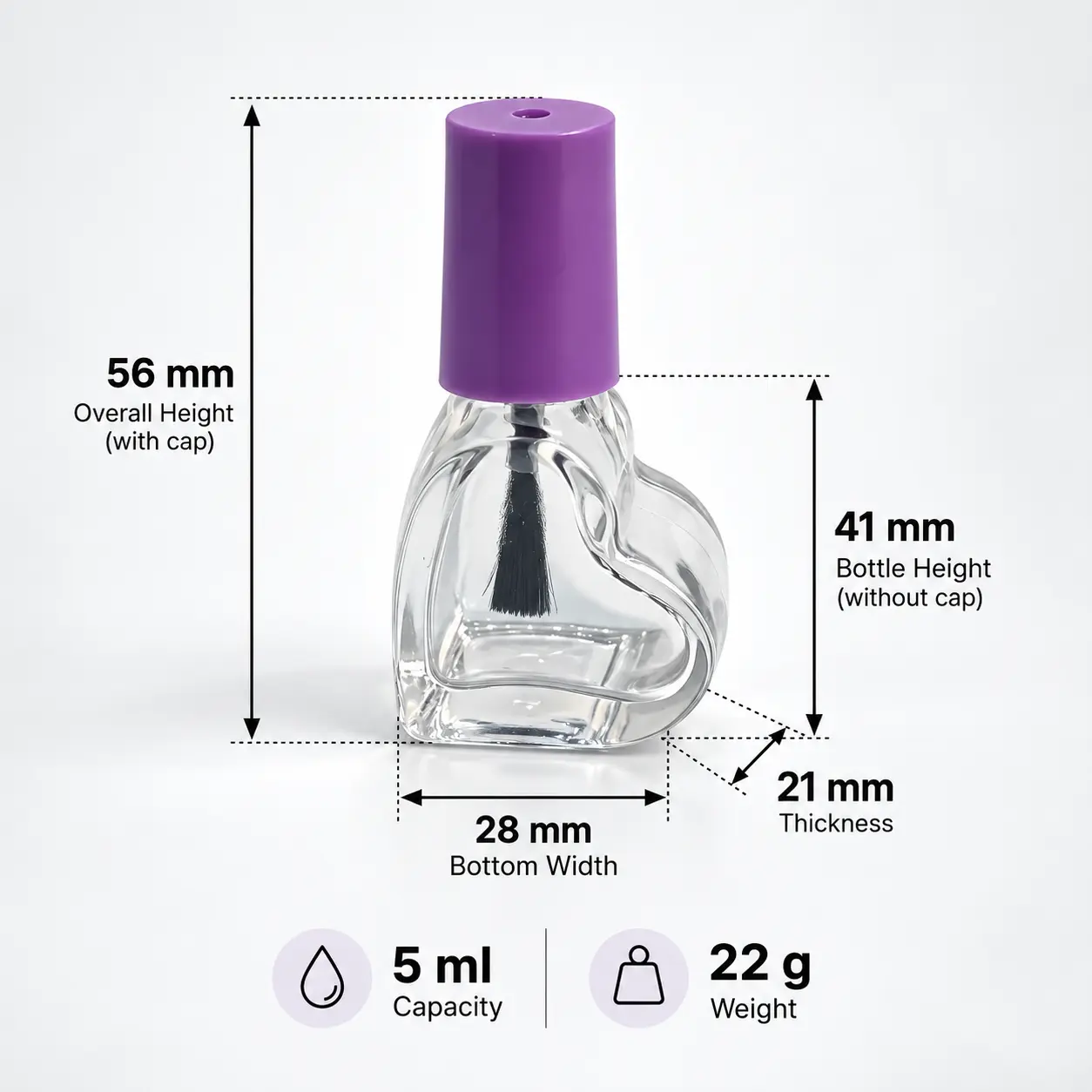 5ml أبعاد زجاجة طلاء أظافر زجاجية منحنية تُظهر العرض المدمج والسُمك والارتفاع الكلي والسعة