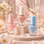 5ml heart-shaped glass nail polish bottle shown with printing and color decoration references for custom branding evaluation