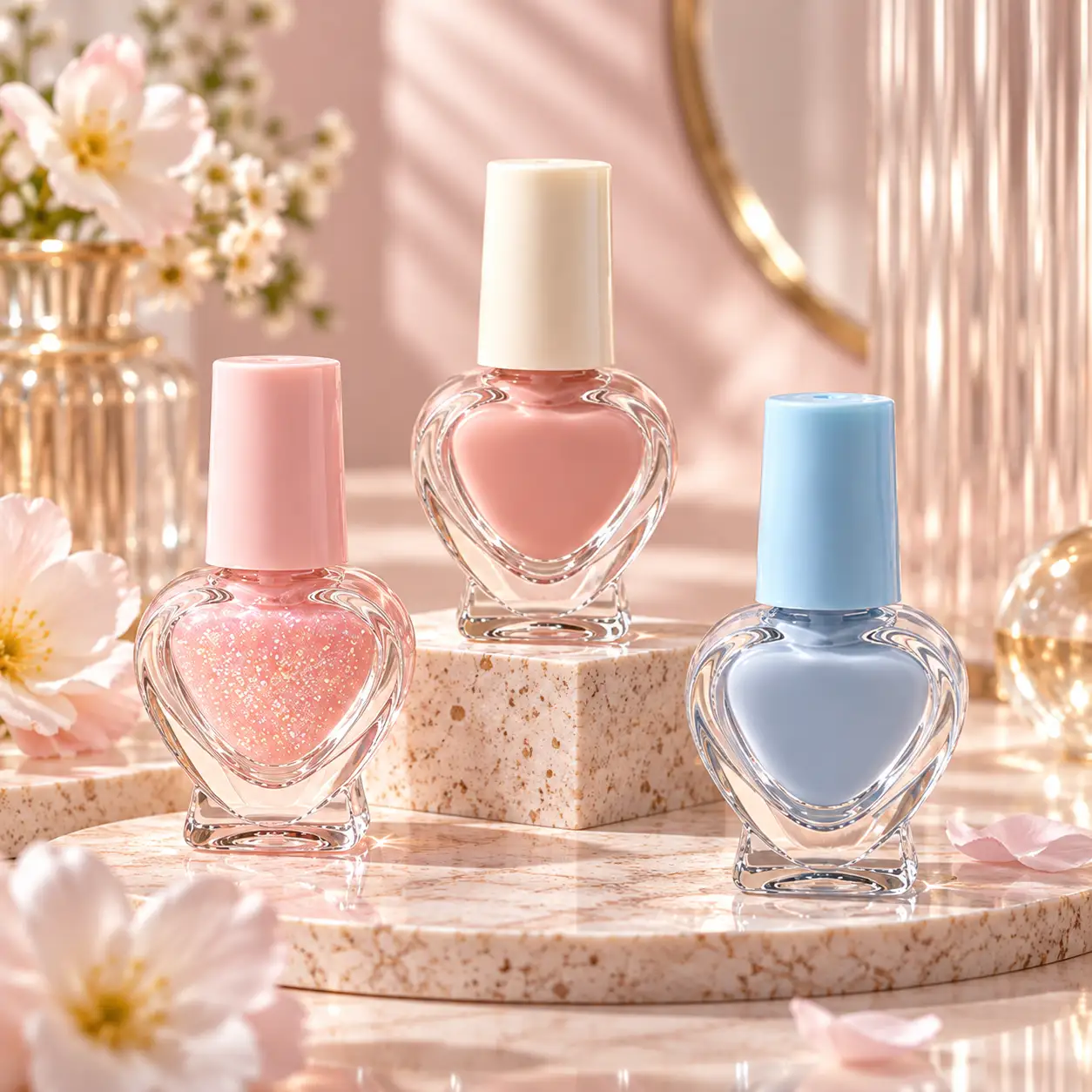 5ml frasco de vidrio en forma de corazón para esmalte de uñas mostrado con referencias de impresión y decoración personalizadas para la evaluación de la marca