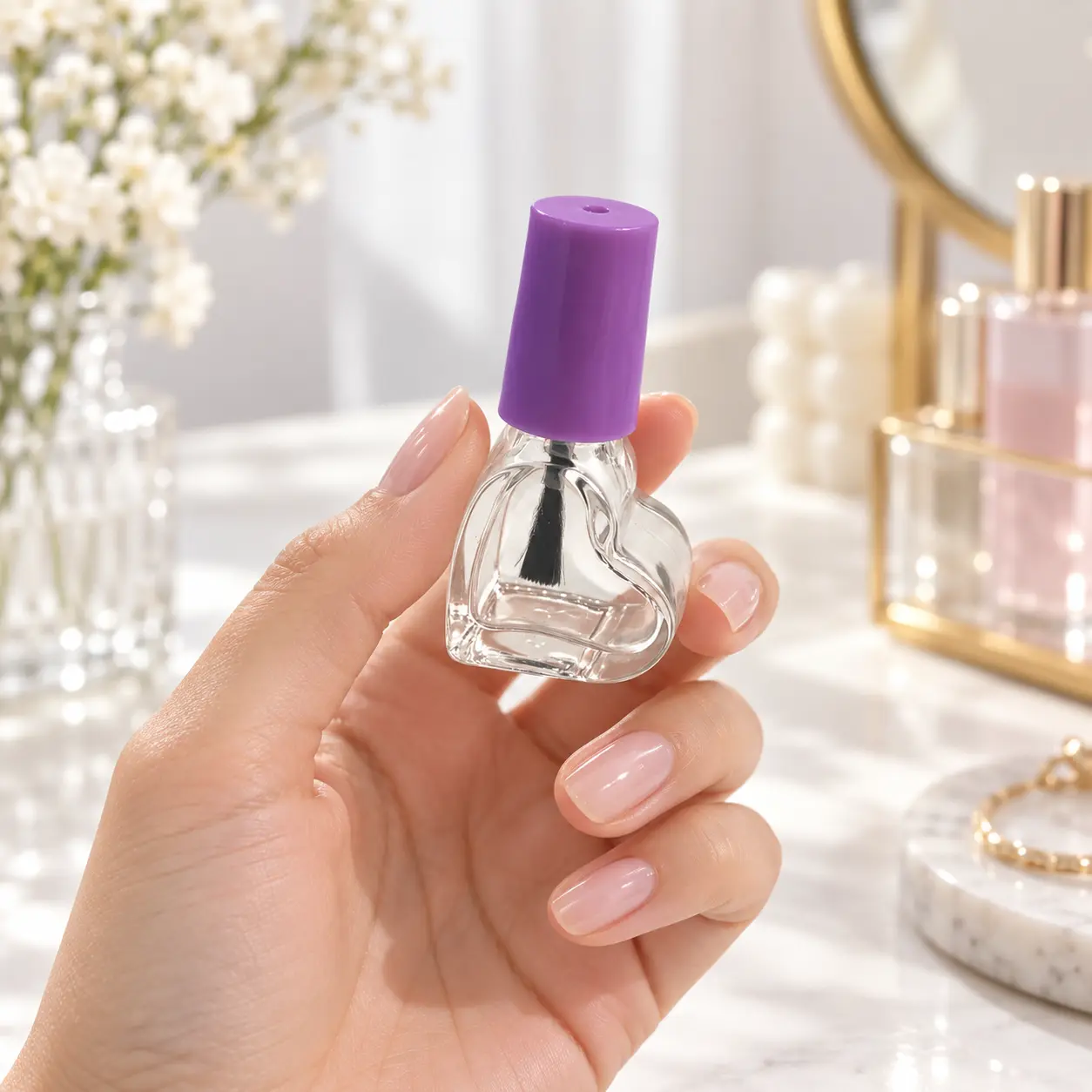 5ml زجاجة طلاء أظافر زجاجية منحنية معروضة في مشهد تطبيق تعبئة ألوان الأظافر