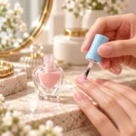 5ml heart-shaped glass nail polish bottle presented in a nail polish application scene with the bottle and brush system in use