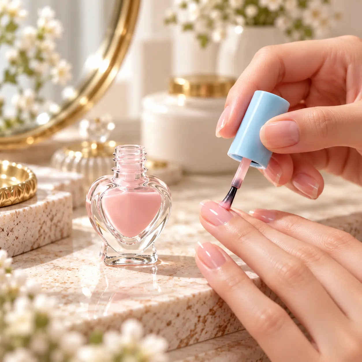 5ml frasco de vidrio en forma de corazón para esmalte de uñas mostrado en un entorno de aplicación de esmalte de uñas con su sistema de pincel