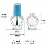 5ml heart-shaped glass nail polish bottle dimensions showing 59 mm overall height, 44 mm bottle height without cap, 19 mm bottom width and 21 g weight