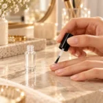 5ml round glass nail polish bottle with brush shown in a nail polish application setting