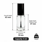 5ml round glass nail polish bottle dimensions showing 19 mm bottom diameter and 63 mm overall height