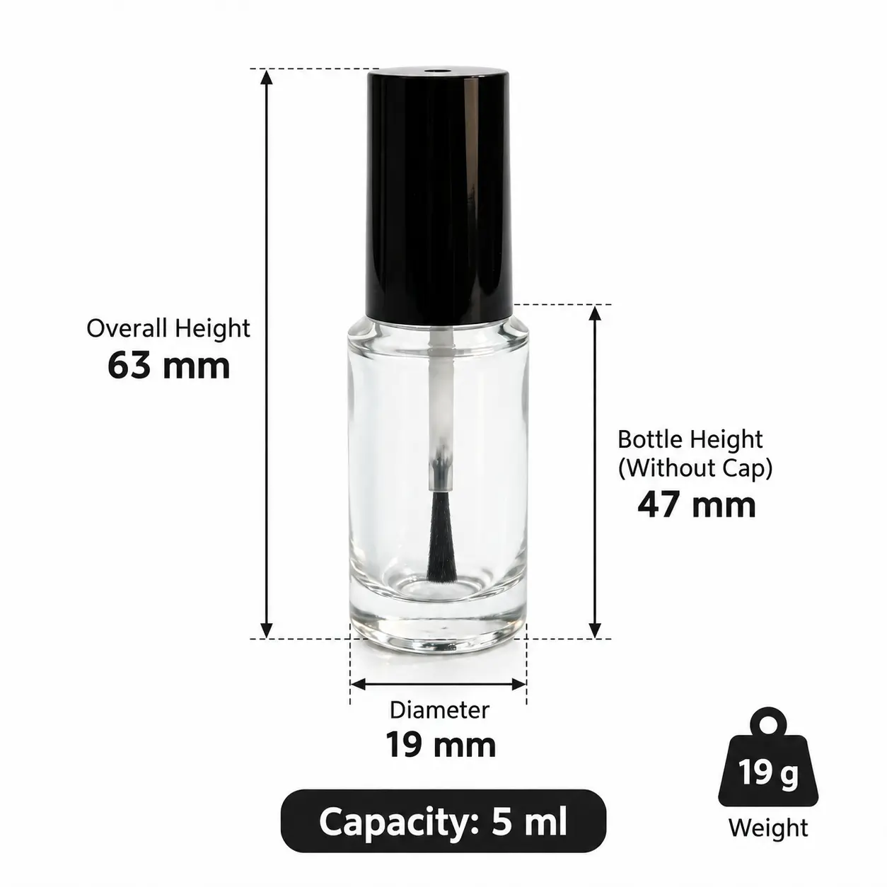 5ml Rundes Nagellackfläschchen – Abmessungen und Füllvolumen 5ml Abmessungen des runden Glas-Nagellackfläschchens mit 19 mm Durchmesser, 63 mm Gesamthöhe und 47 mm Flaschenhöhe ohne Kappe