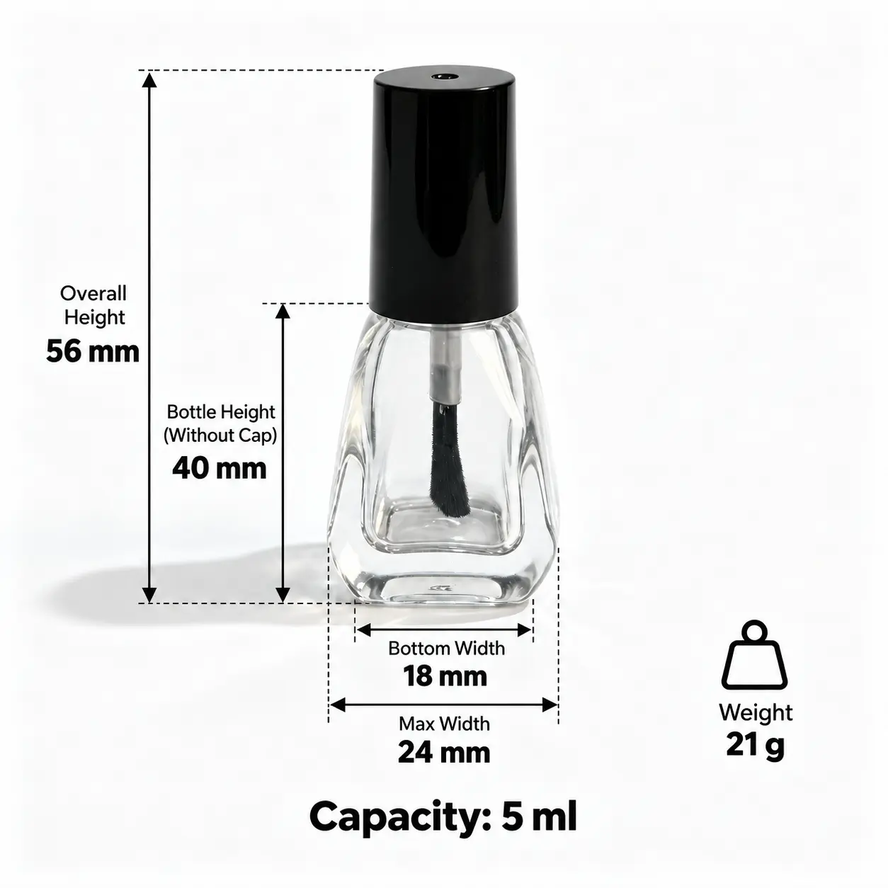5ml konische Nagellackflasche – Abmessungen und Kapazität Abmessungen der 5ml konischen Glas-Nagellackflasche mit 18 mm Bodenbreite und 56 mm Gesamthöhe