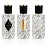 Custom logo printing reference for the 80ml diamond-faceted perfume bottle showing branding concepts on the geometric fragrance bottle body.