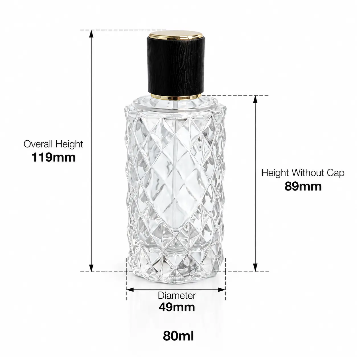 80ml elmas kesim parfüm şişesi ölçü şeması; 49 mm çap, kapaklı 119 mm toplam yükseklik, kapaksız 89 mm şişe yüksekliği ve 80ml kapasite göstermektedir.