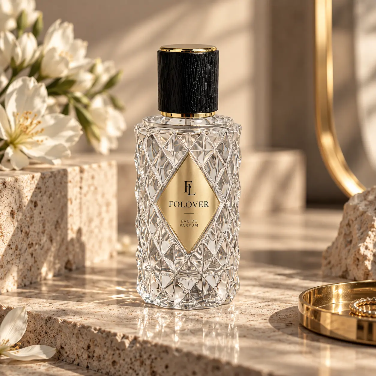80ml elmas kesim parfüm şişesi; dekoratif kapağı ve geometrik şişe tasarımıyla bir parfüm sergileme ortamında sunulmaktadır.