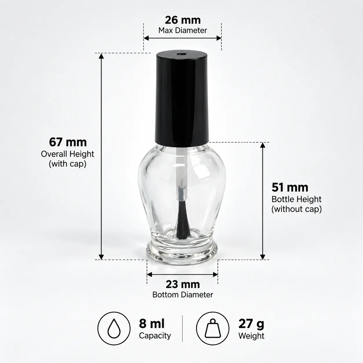 8ml أبعاد وسعة زجاجة طلاء أظافر منحنية 8ml مرجع أبعاد زجاجة طلاء أظافر منحنية يوضح نسب الزجاجة المؤكدة وسعتها