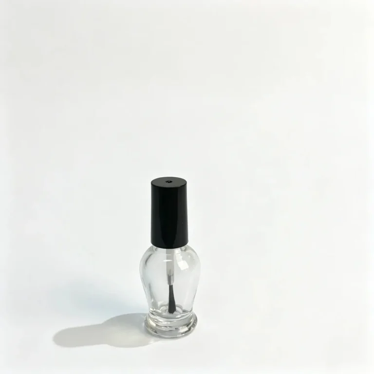 8ml curved nail polish bottle shown from the front with a clear contoured body and black cap