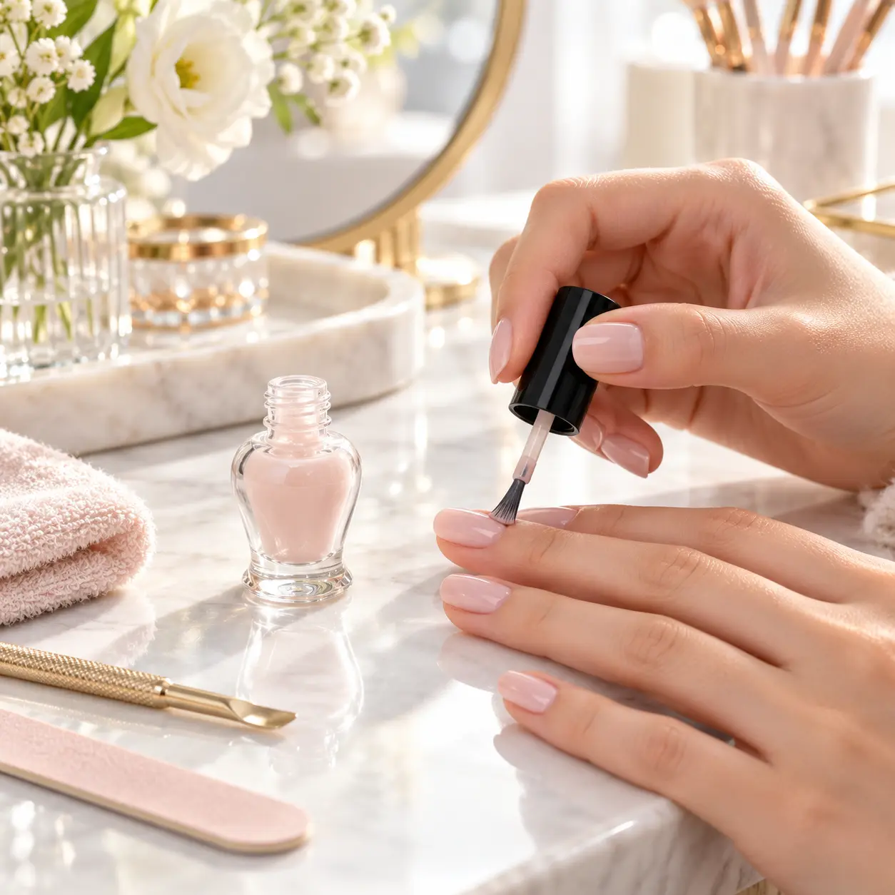 8ml مشهد تطبيق زجاجة طلاء الأظافر 8ml زجاجة طلاء أظافر منحنية معروضة في بيئة تطبيق تغليف طلاء الأظافر