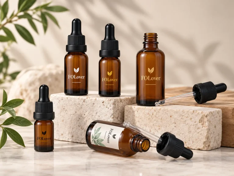 Amber glass Boston Round dropper bottles in multiple sizes for essential oils and concentrated liquids