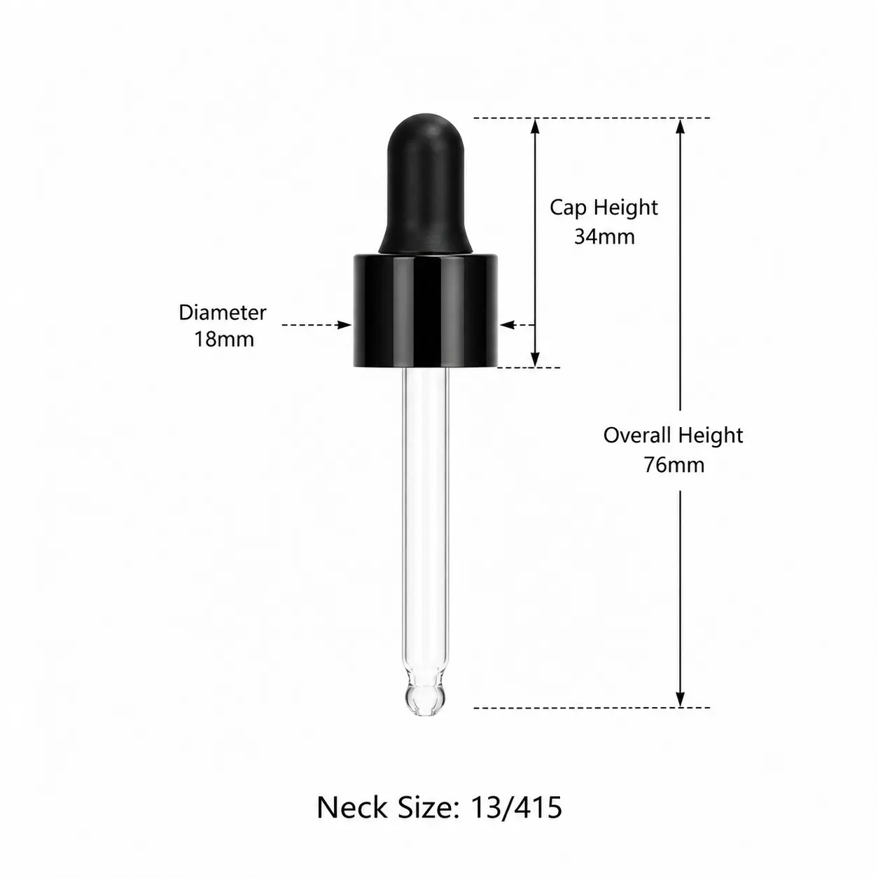 Mini pipette dropper dimensions showing 18mm outside diameter, 34mm cap height, and 76mm overall height including the glass pipette