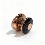 Black and gold round plastic perfume cap positioned horizontally with the lower opening facing left and the cylindrical profile visible