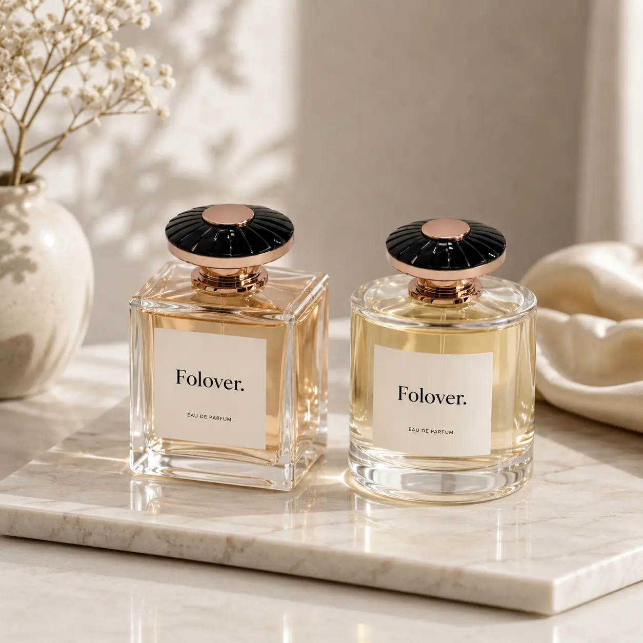 ฝาน้ำหอมพลาสติกชุบสีดำทองบนขวดน้ำหอม ฝา perfume พลาสติกชุบไฟฟ้าสีดำและทอง ประกอบบนขวด perfume เป็นตัวอย่างการใช้งานบรรจุภัณฑ์น้ำหอม