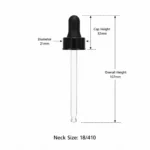 Black screw cap glass dropper dimension view showing 21mm diameter, 32mm cap height, and 107mm total height including the glass pipette