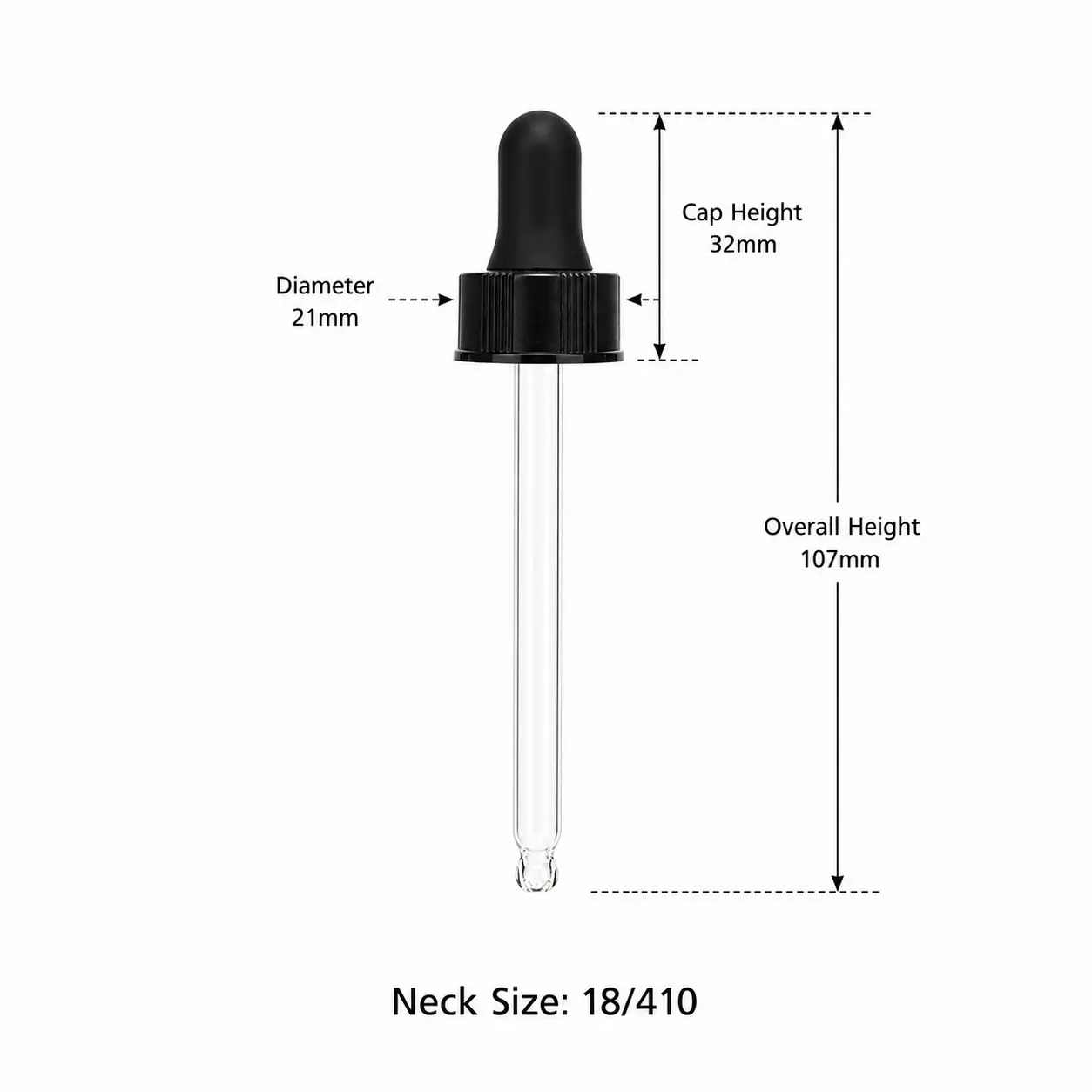 Dimensions du compte-gouttes en verre à bouchon vissé noir Vue des dimensions du compte-gouttes en verre à bouchon vissé noir montrant un diamètre de 21mm, une hauteur de bouchon de 32mm et une hauteur totale de 107mm
