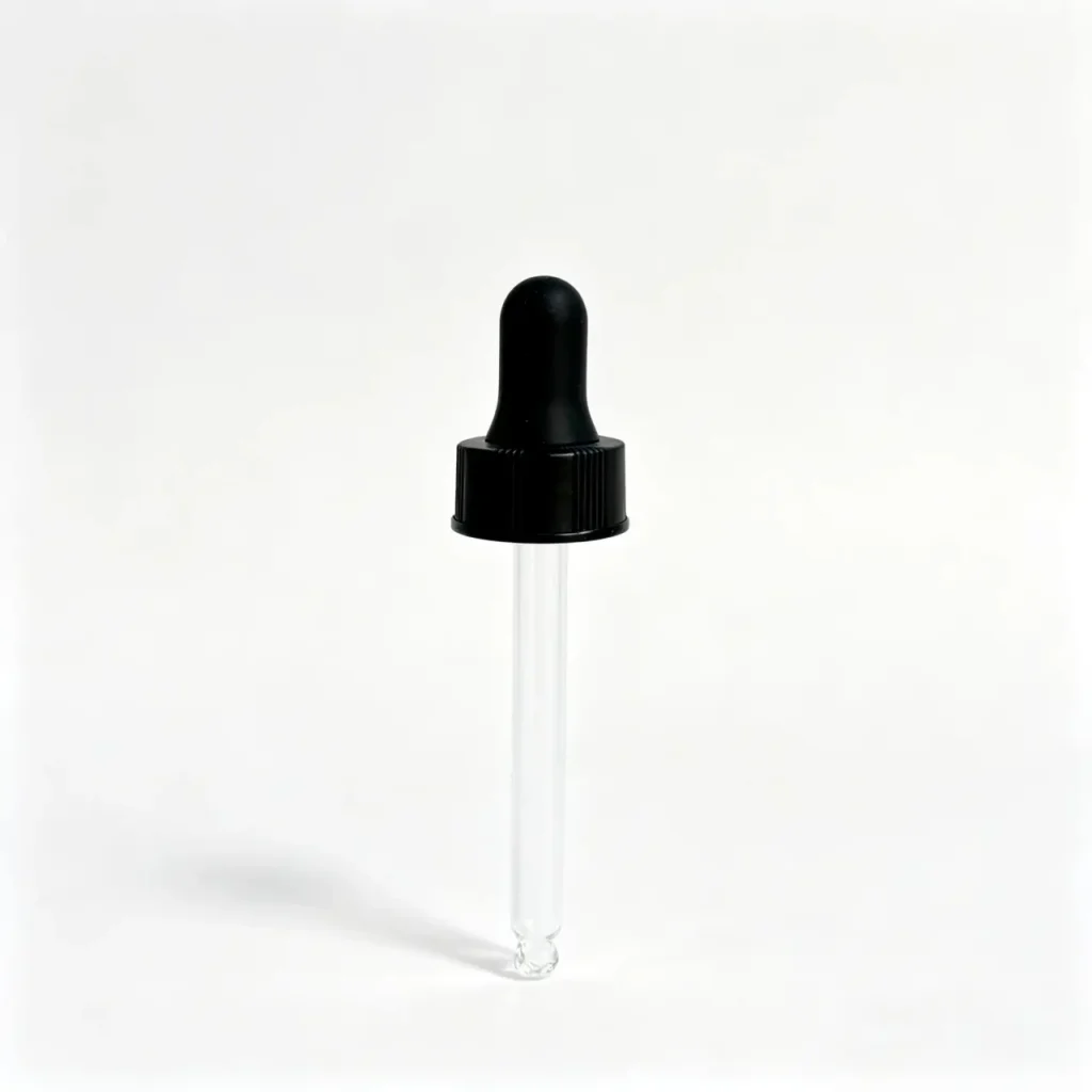 Compte-gouttes en verre à bouchon vissé noir vu de face avec une poire en caoutchouc noire et une pipette en verre transparent