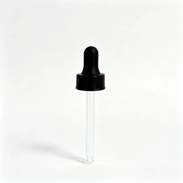 Black screw cap glass dropper shown from the front with a black rubber bulb and transparent glass pipette