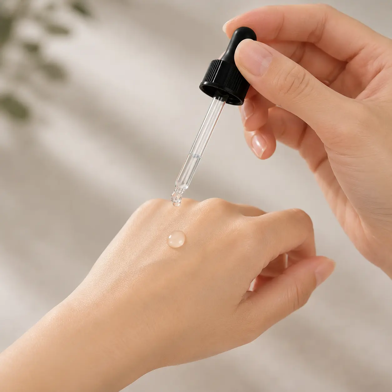 Compte-gouttes pour huile essentielle à bouchon vissé noir en cours d'utilisation Compte-gouttes pour huile essentielle à bouchon vissé noir en cours d'utilisation, distribuant du liquide à travers la pipette en verre transparent