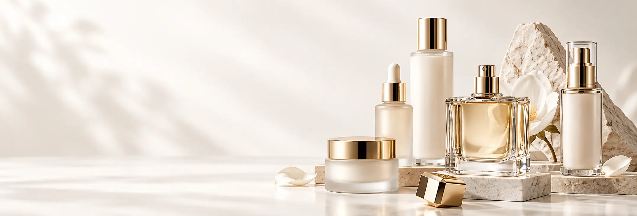 Cosmetic glass packaging with perfume bottle, serum bottle, lotion bottle, cream jar, dropper and pump