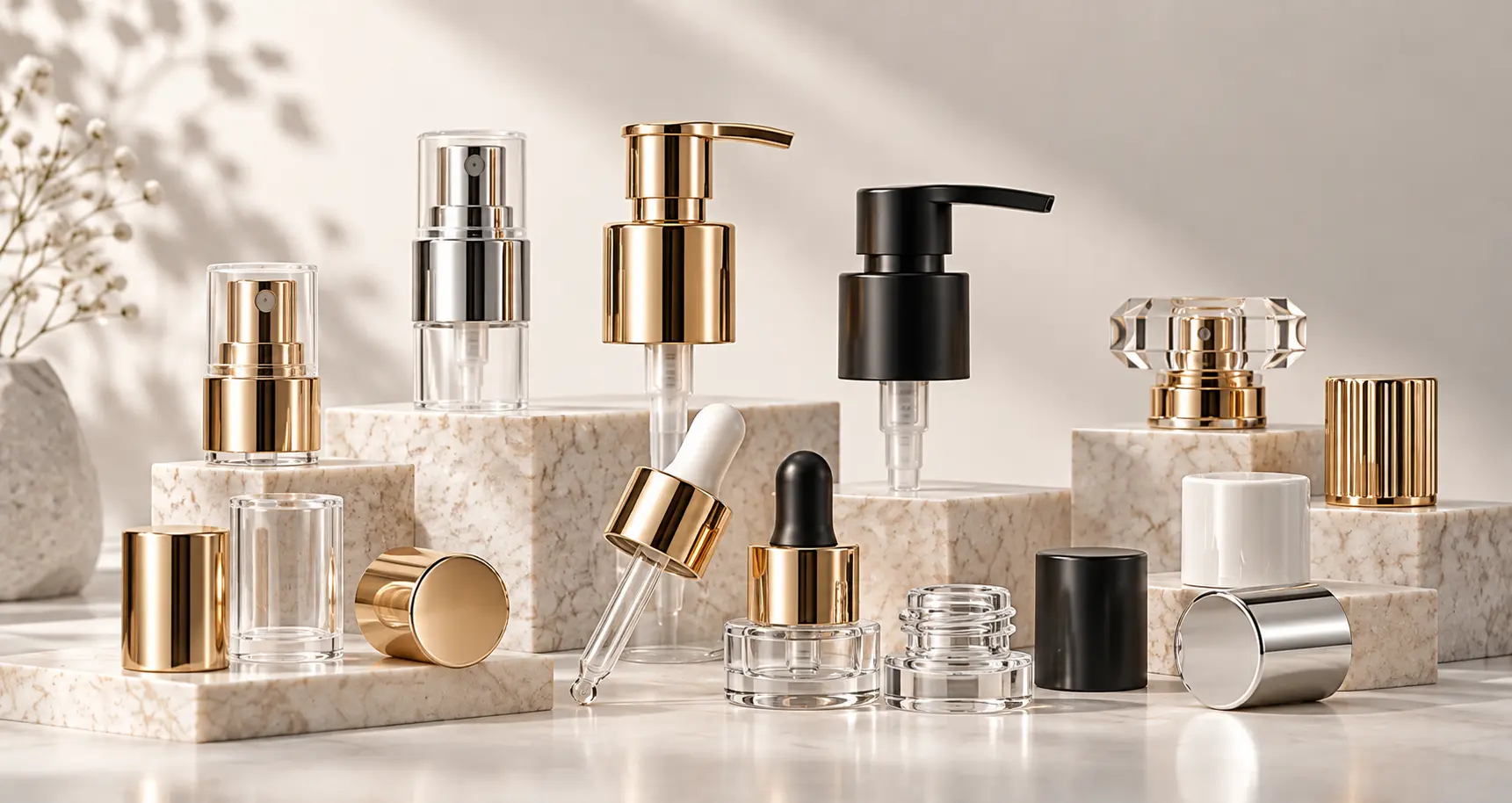 Cosmetic pumps, droppers, fine mist sprayers and bottle caps packaging accessories