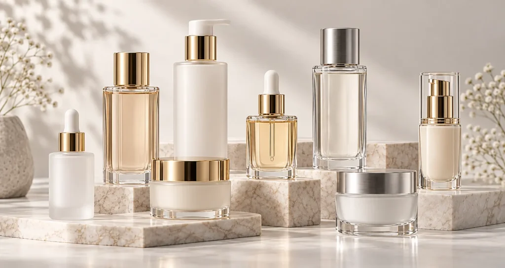 Cosmetic and skincare glass packaging with serum bottles, lotion bottles and cream jars