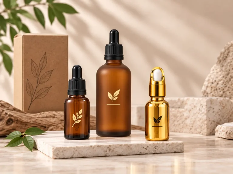 Custom amber and gold Boston Round dropper bottles with branded box for private label packaging