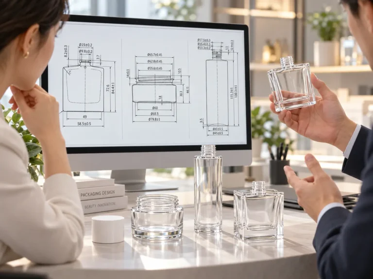 Custom bottle development process showing digital bottle drawings and real glass bottle samples for packaging review.