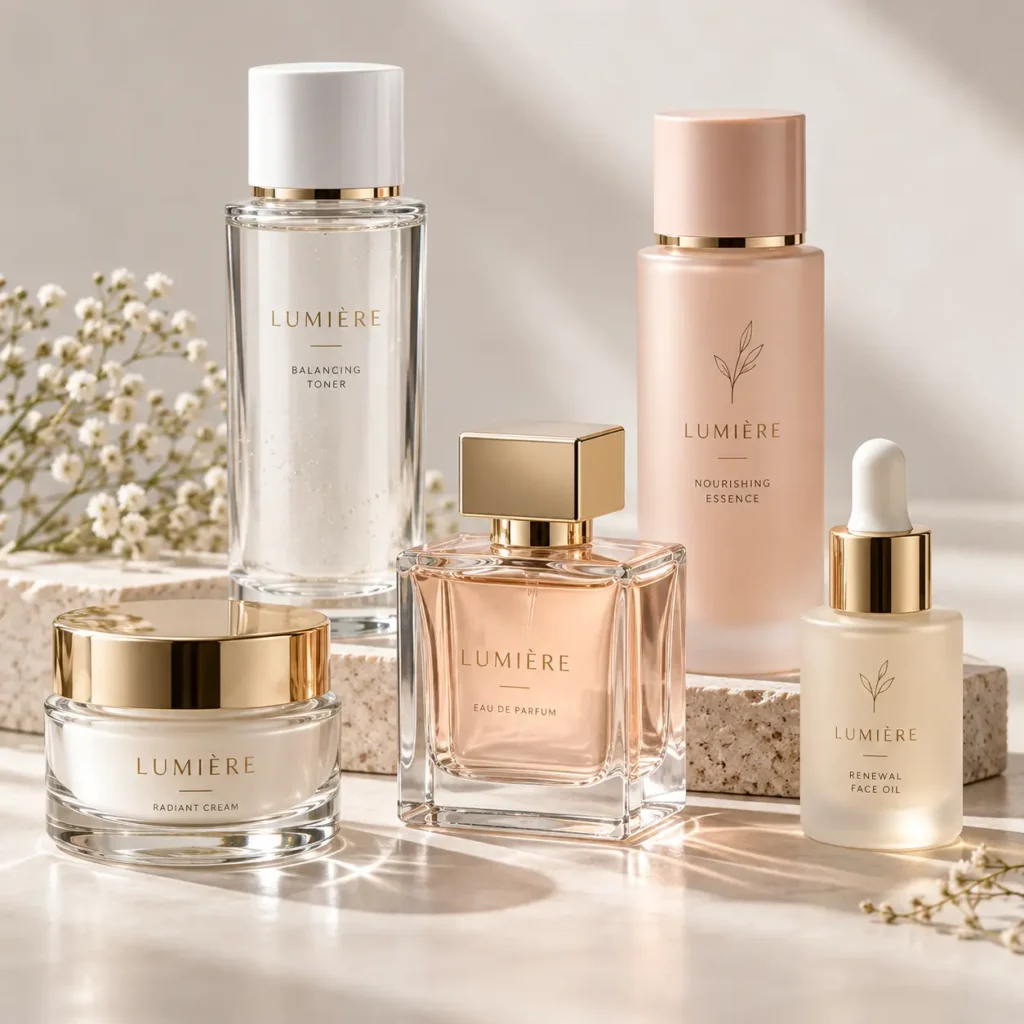 Custom cosmetic glass packaging with frosted, coated and clear bottles, printed logos and decorative finishes