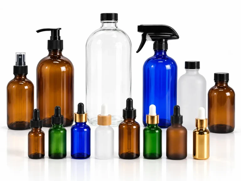 Custom glass Boston Round bottles in clear amber and colored finishes with dropper spray and cap options