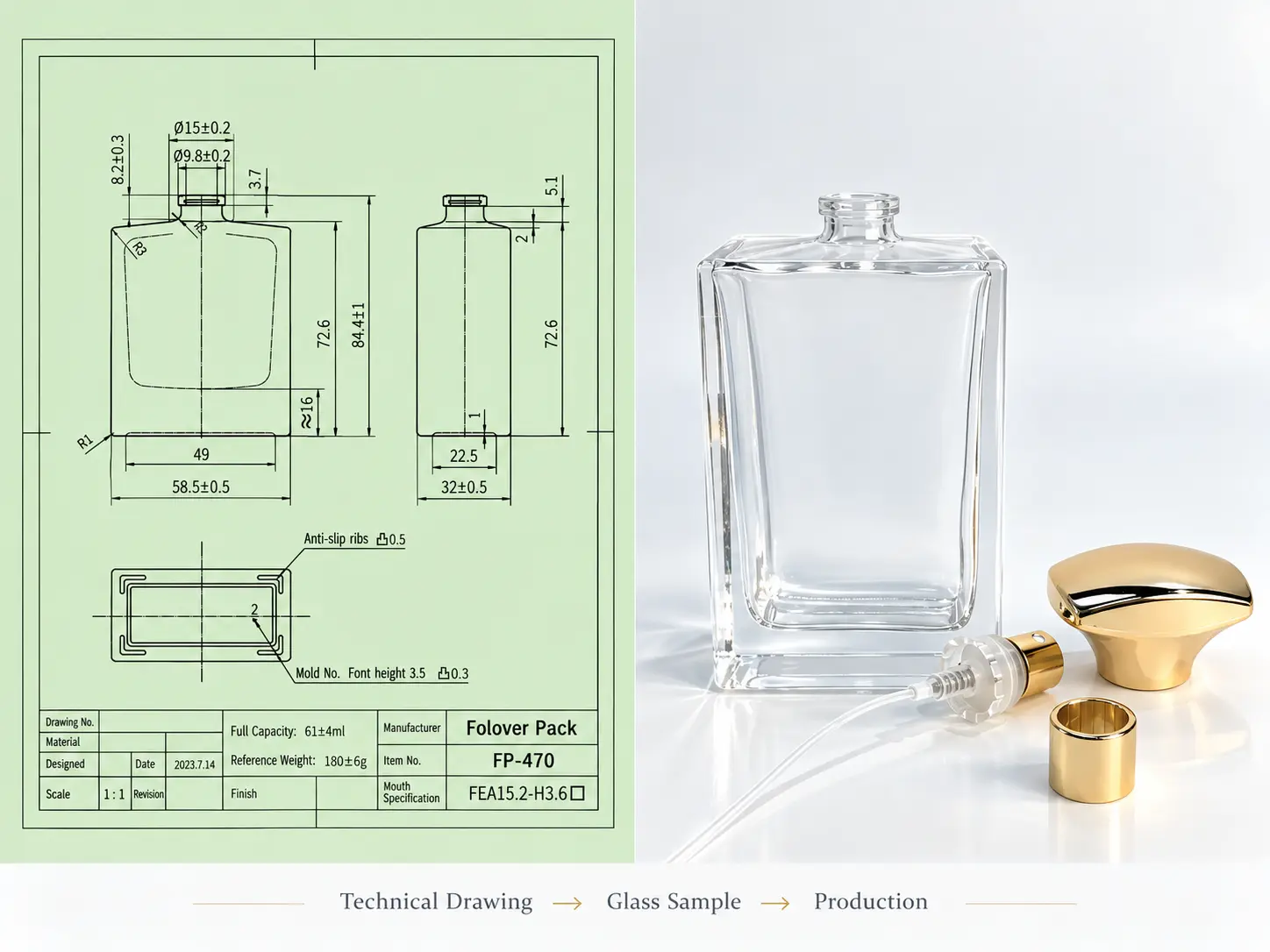 Technical drawing and finished glass perfume bottle showing custom glass bottle development from design to production