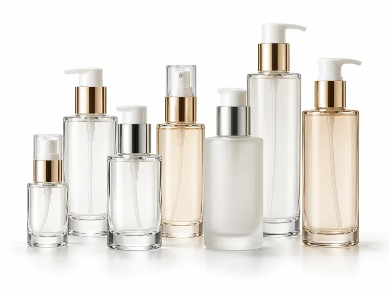 Custom glass lotion bottles with pumps in clear frosted and amber designs for skincare and cosmetic packaging